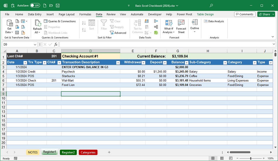 Free checkbook for excel 2024