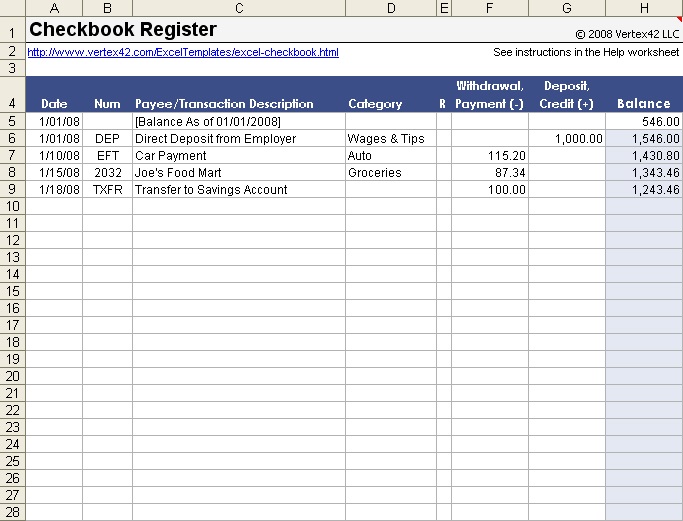 Free checkbook register template Excel